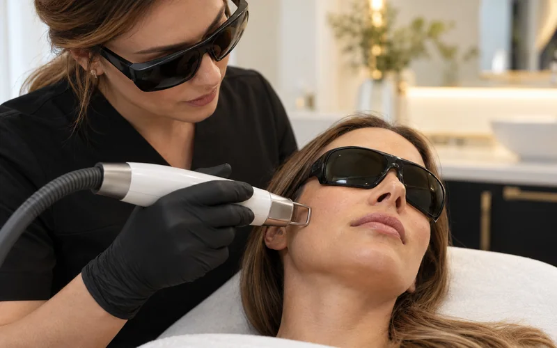 Atendimento ilustrativo com laser facial e proteção ocular