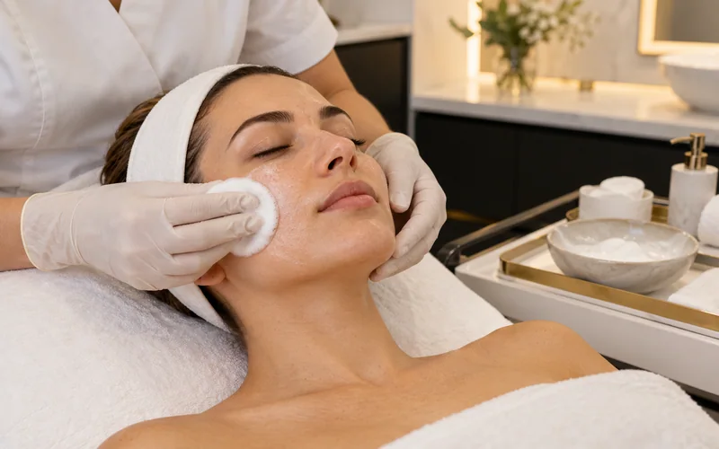Limpeza facial ilustrativa com algodão e faixa de cabelo