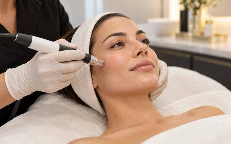 Caneta e atendimento facial ilustrativos de microagulhamento