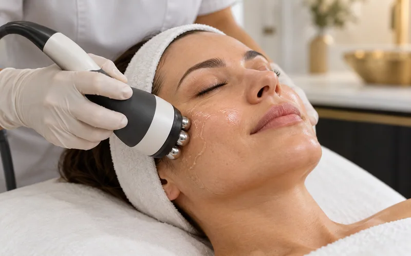 Atendimento facial ilustrativo com ponteira de radiofrequência