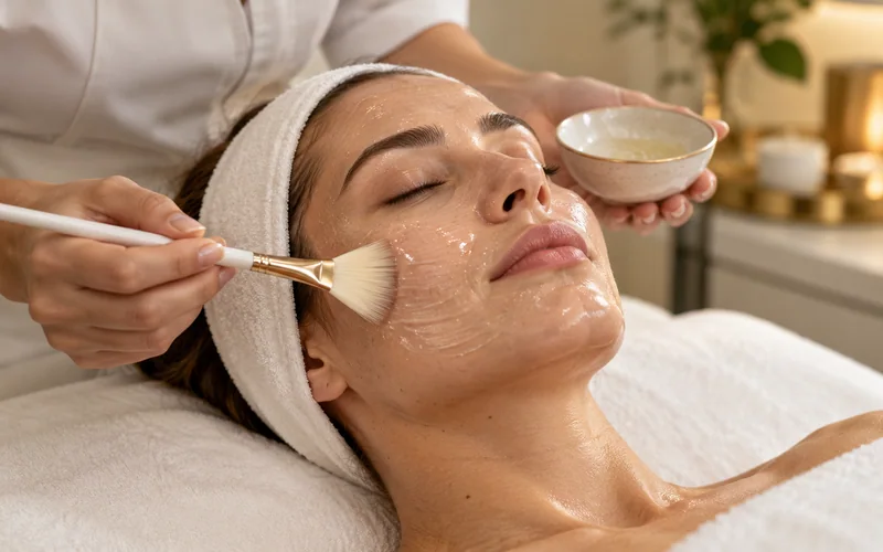 Cuidado facial ilustrativo com aplicação de máscara